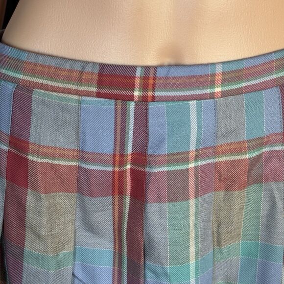 Vintage 90s Pendleton Size 14 Petite Blue Pink Plaid 100% Wool Pleated Skirt USA - Picture 2 of 3